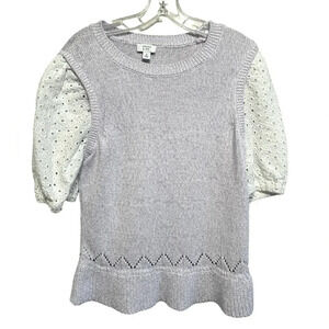 Stylish 2fer blouse & vest look with eyelet puff sleeves lavender Soft cotton M